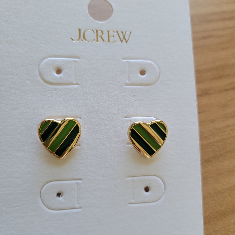 J. Crew Striped Green and Gold Heart Earrings - Picture 2 of 2
